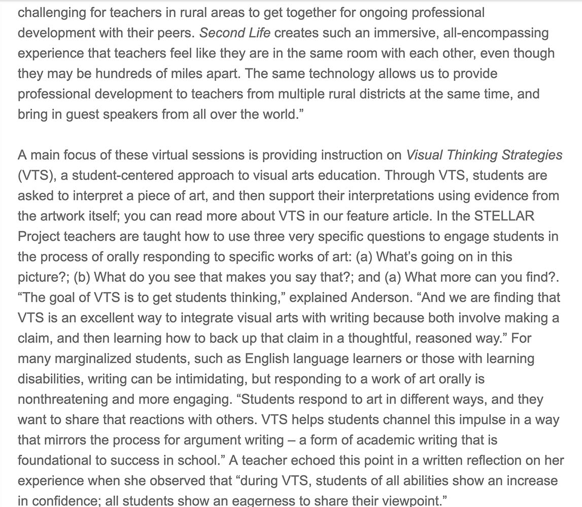 Second Life article in 'Arts in Education Quarterly Nesletter'